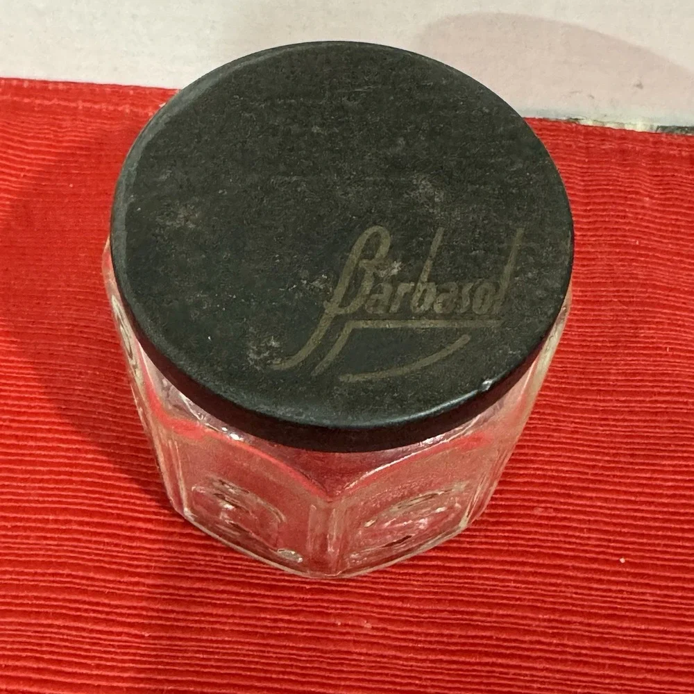 Barbasol Shaving Jar Clear Glass Black‎ Metal Lid Raised Letters Vanity Vintage